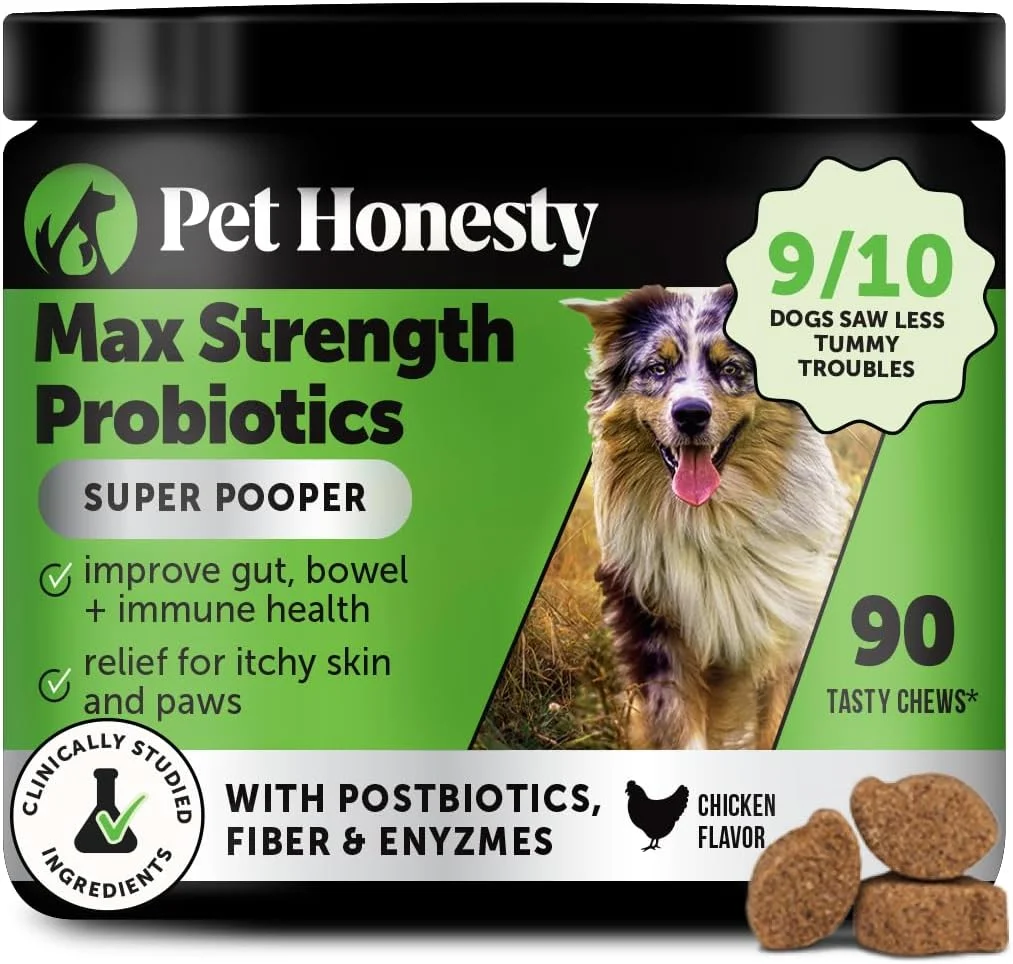 Classic Max Strength Probiotics for Dogs - Super Pooper Dog Stool Hardener with Fiber Digestive Enzymes Reduce Occasional Diarrhea for Firm Poops 90 Ct Official