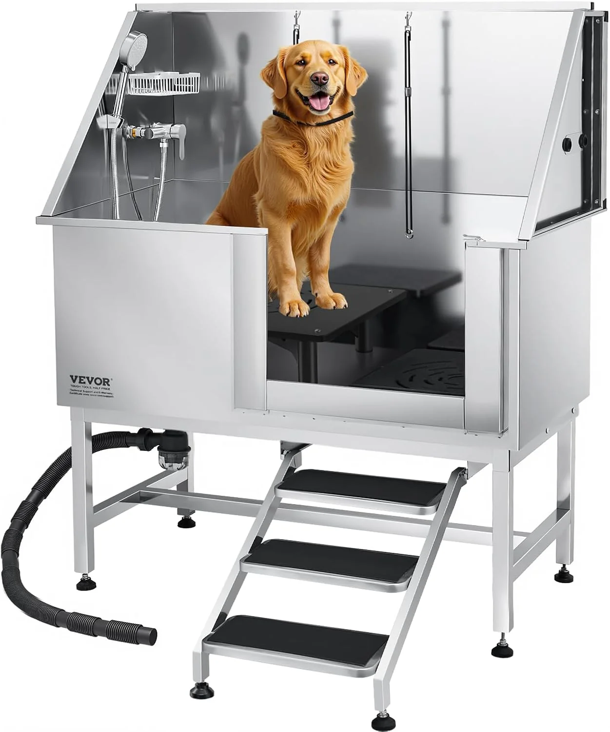 Convenient VEVOR Stainless Steel Dog Washing Station 50 inch Pet Grooming Tub w Stairs PE Water Filter Board Faucet Showerhead Soap Holder Dog Bathtub for Large Medium Small Pets Right Door High-Grade