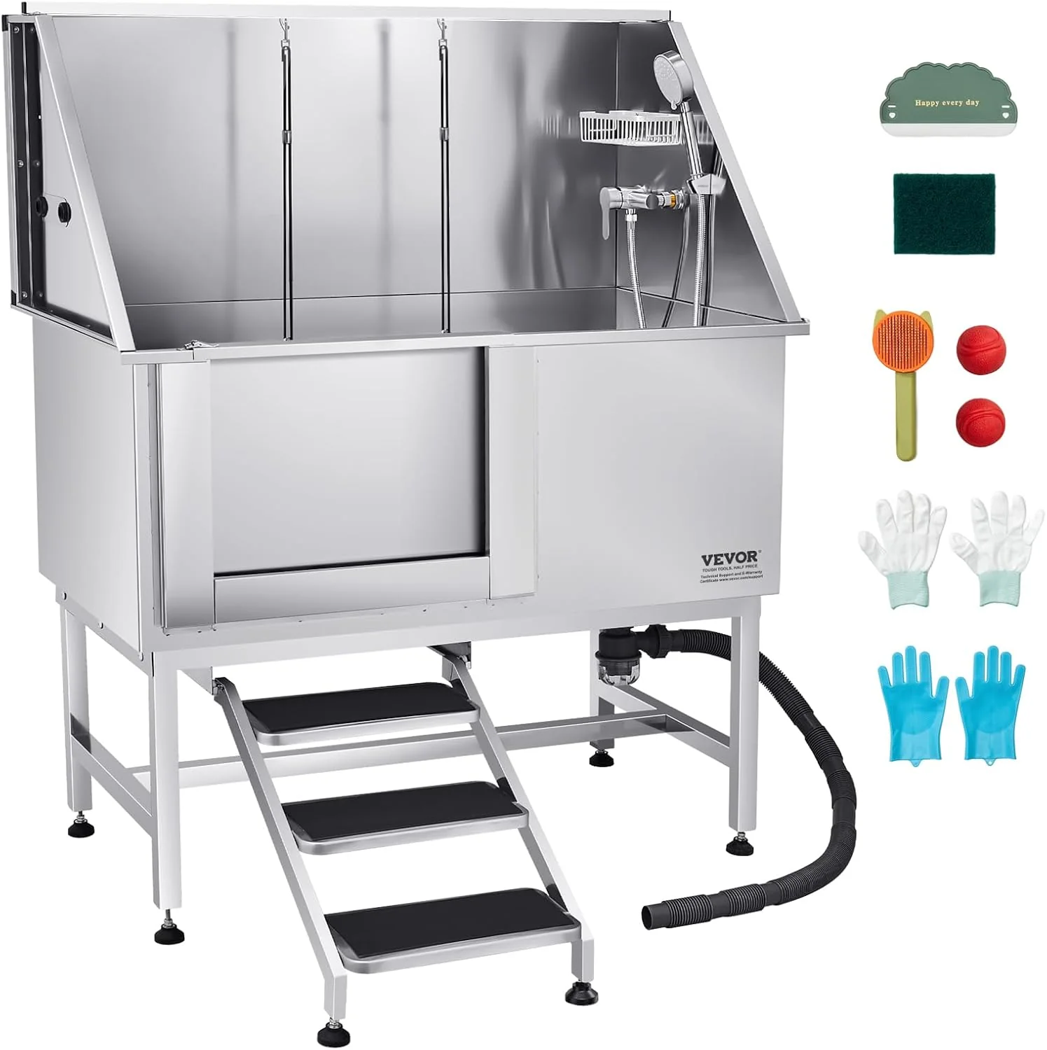 Enhanced VEVOR Stainless Steel Dog Washing Station Professional 50 inch Pet Grooming Tub w Stairs PE Water Filter Board Faucet Showerhead Soap Holder Bathtub for Large Medium Small Pets Left Door Healthy