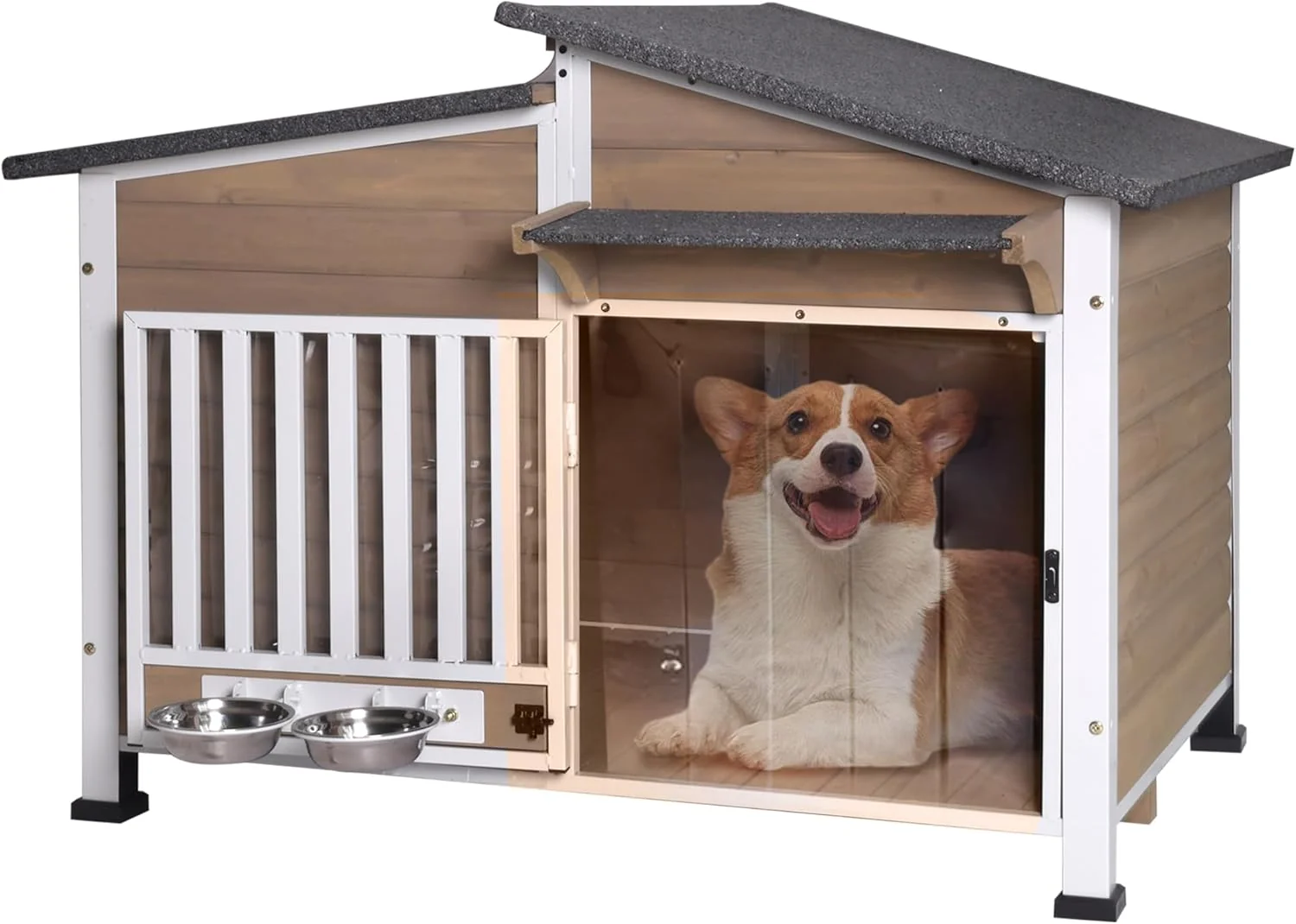 Efficient GUTINNEEN Dog House Outdoor with Anti-Chewing Metal Frame Wooden Dog Kennel with 360° Rotating Feeding Bowl Weatherproof Roof for Indoor Outdoor Use - Brown Superior