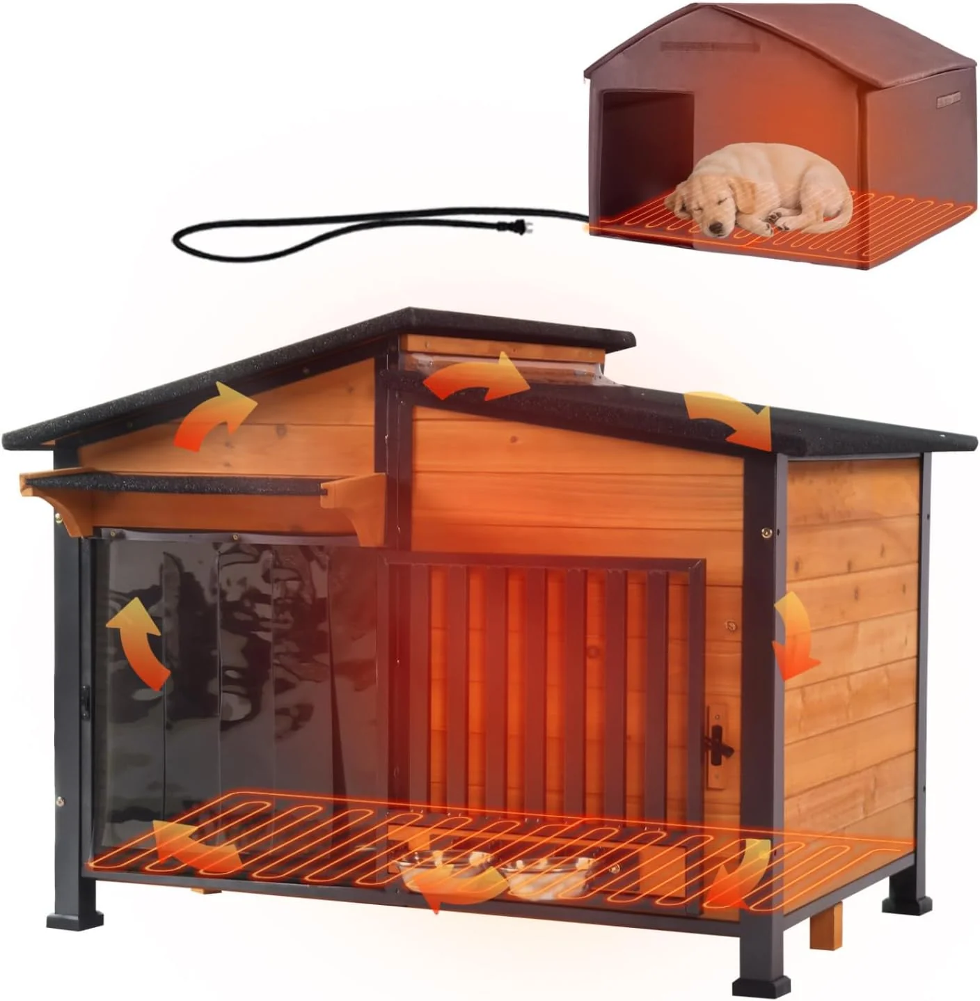 Responsible Heated Dog House Outdoor with Bowls Weatherproof Dog Kennel with Heating Pad Anti-Chewing Iron Frame Dog Shelter for Small Medium Dogs Wooden Brown Exclusive