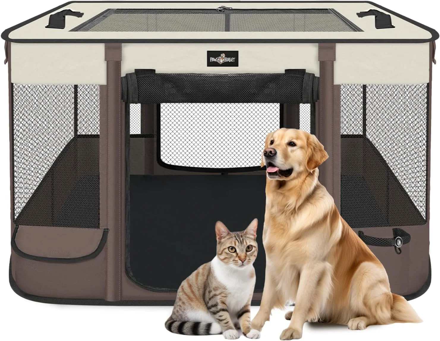 User-Friendly Foldable Pet Kitten Playpen Upgrade Waterproof Portable Cat Dog Playpen Kennel Tent for Small Dog Cat Removable Shade Cover Come with Carrying Case Indoor Outdoor Use for Small Pet Brown Comfortable