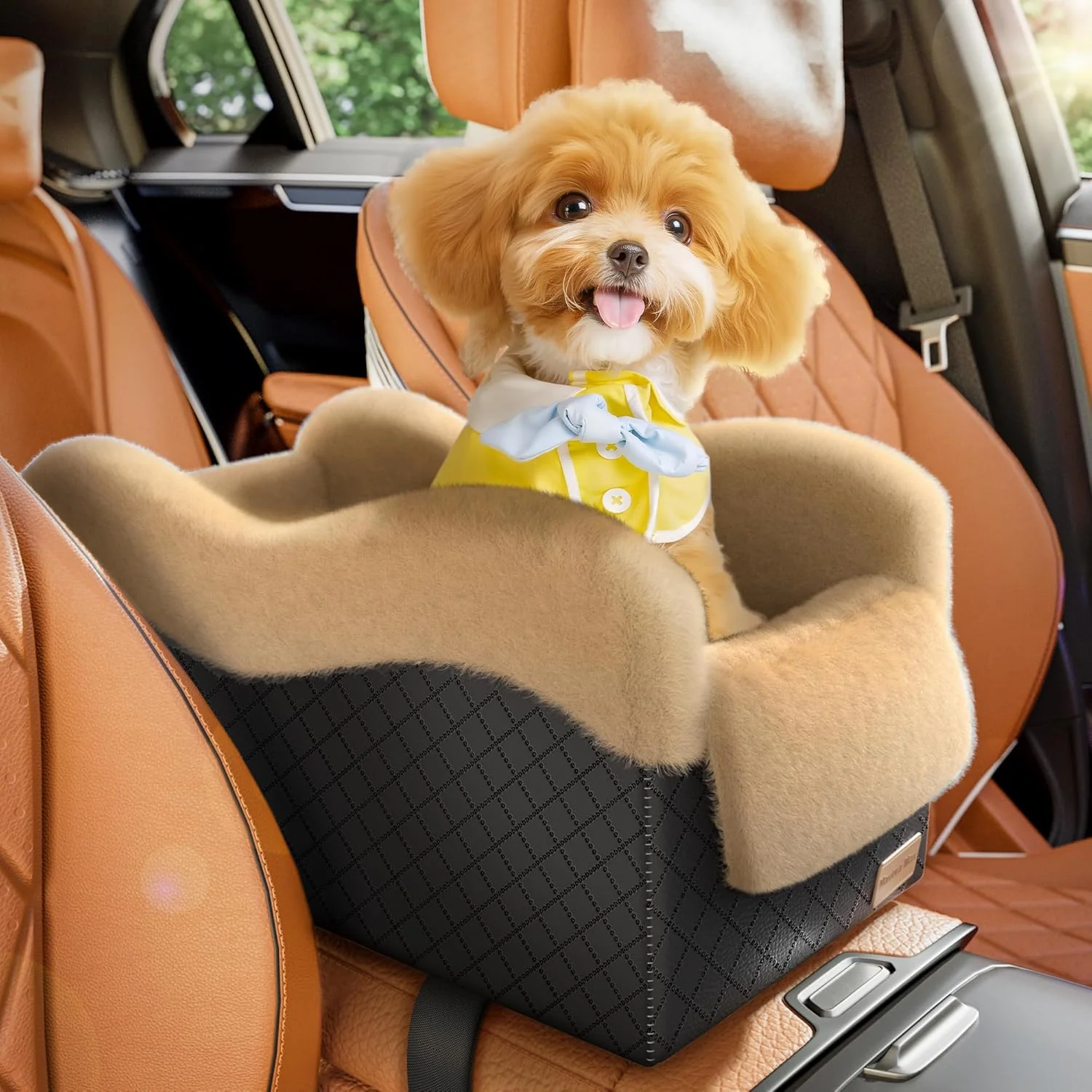 Fine Crafted Portable Small Dog Seat for Car Luxury Center Console Dog Car Seat Booster with Safety Tethers Auti-Collapse Pet Travel Carrier for SUV Truck. Black Brown Exclusive