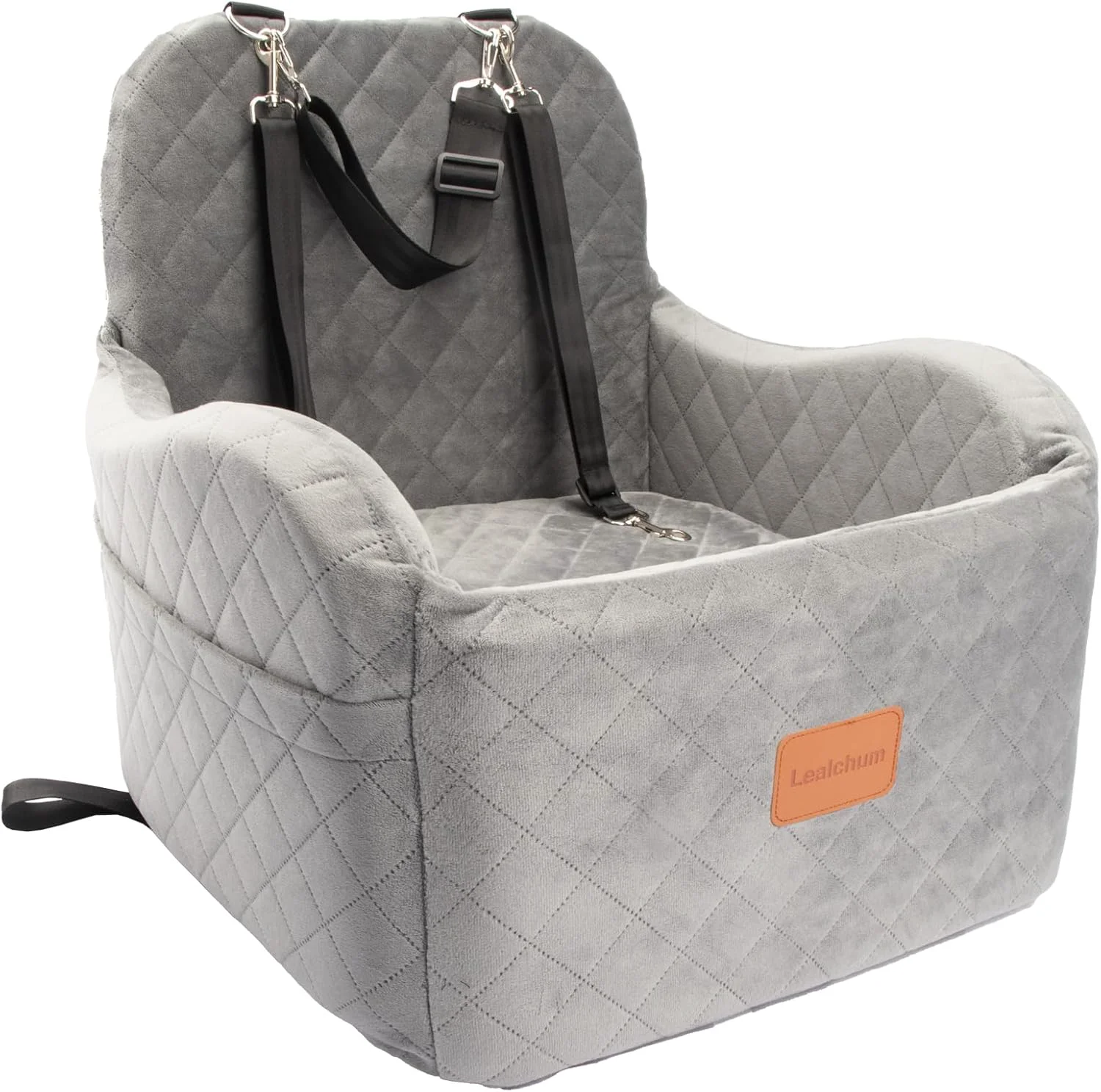 Certified Dog Booster Car Seat for Small Medium Dogs Up to 35lbs Ultra Soft Fabric Covered 6in d Cushion Fully Detachable and Washable 3 Straps 2 Pockets Easy to Install Grey Medium Elegant