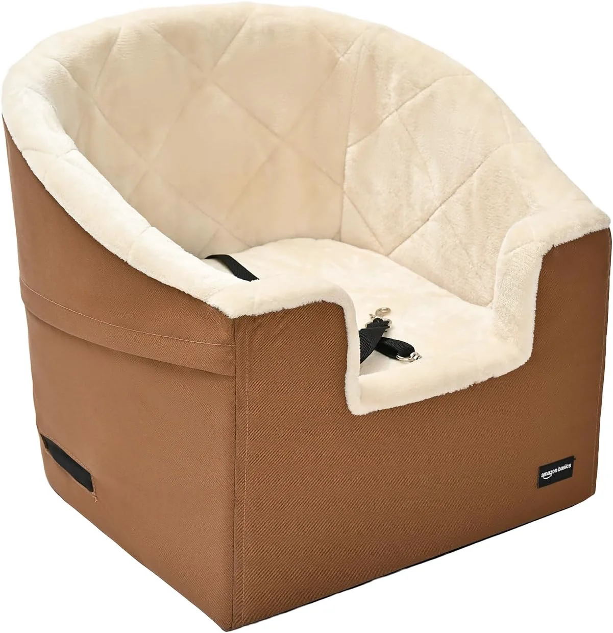 Comfortable Amazon Basics Pet Car Booster Bucket Seat for Small Pets up to 25lbs Machine Washable Cover Clip-On Safety Leash 18 x 18 x 16 Tan Original