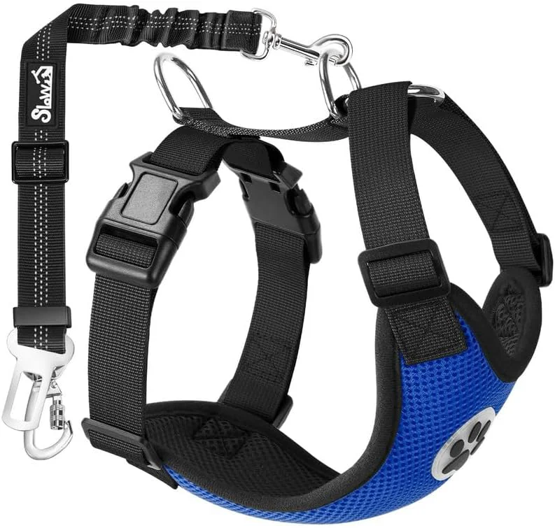 Genuine SlowTon Dog Seat Belt Harness for Car Dog Car Harness Adjustable Mesh Breathable Dog Seatbelt Safety Tether with Elastic Bungee for Small Medium Large Pets Blue Double Clip XXS Relaxed