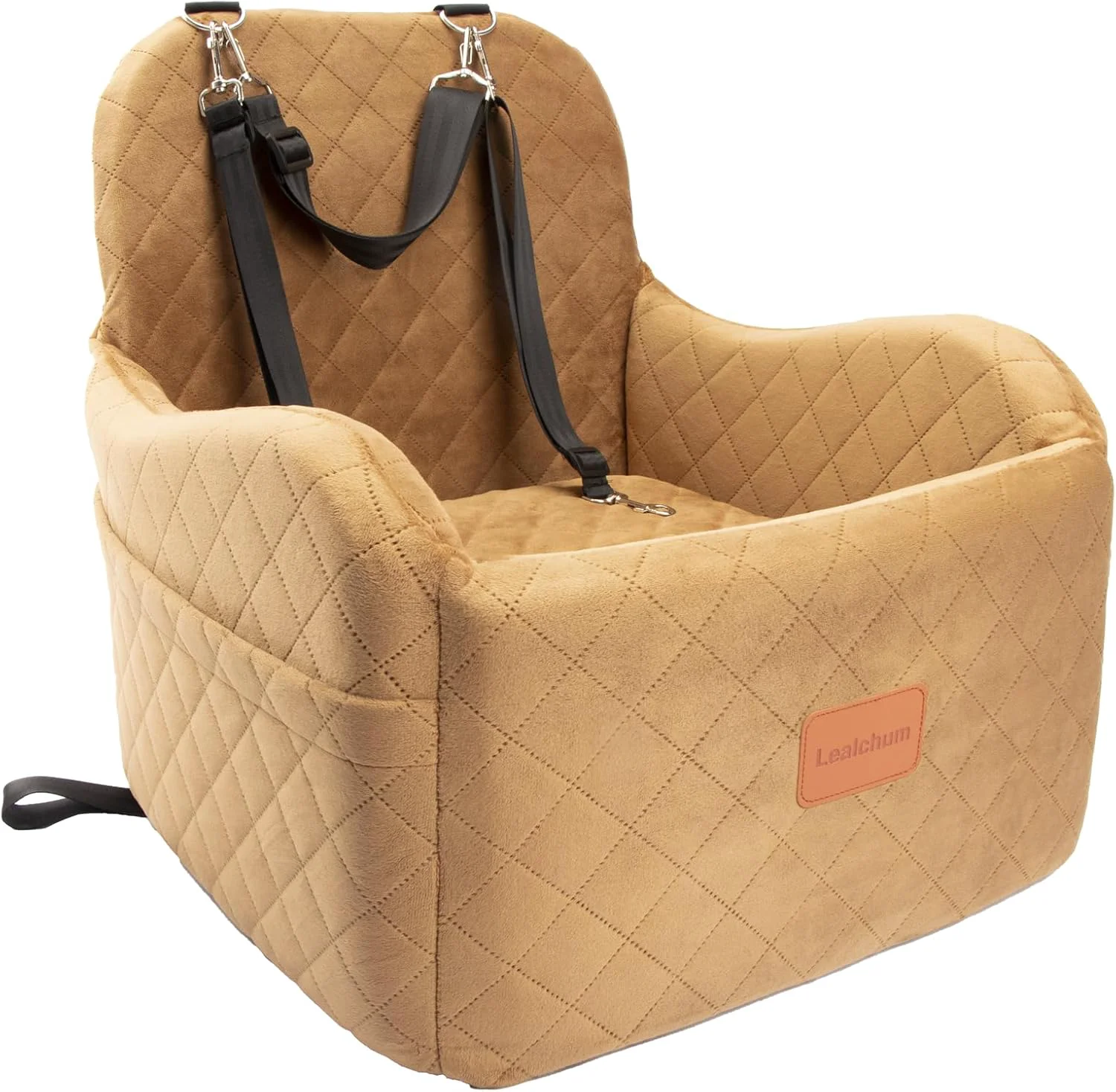 High-End Dog Booster Car Seat for Small Medium Dogs Ultra Soft Fabric Filling Memory Foam Fully Detachable and Washable Anti-Slip Base 3 Straps Easy to Install Coffee Medium Healthy
