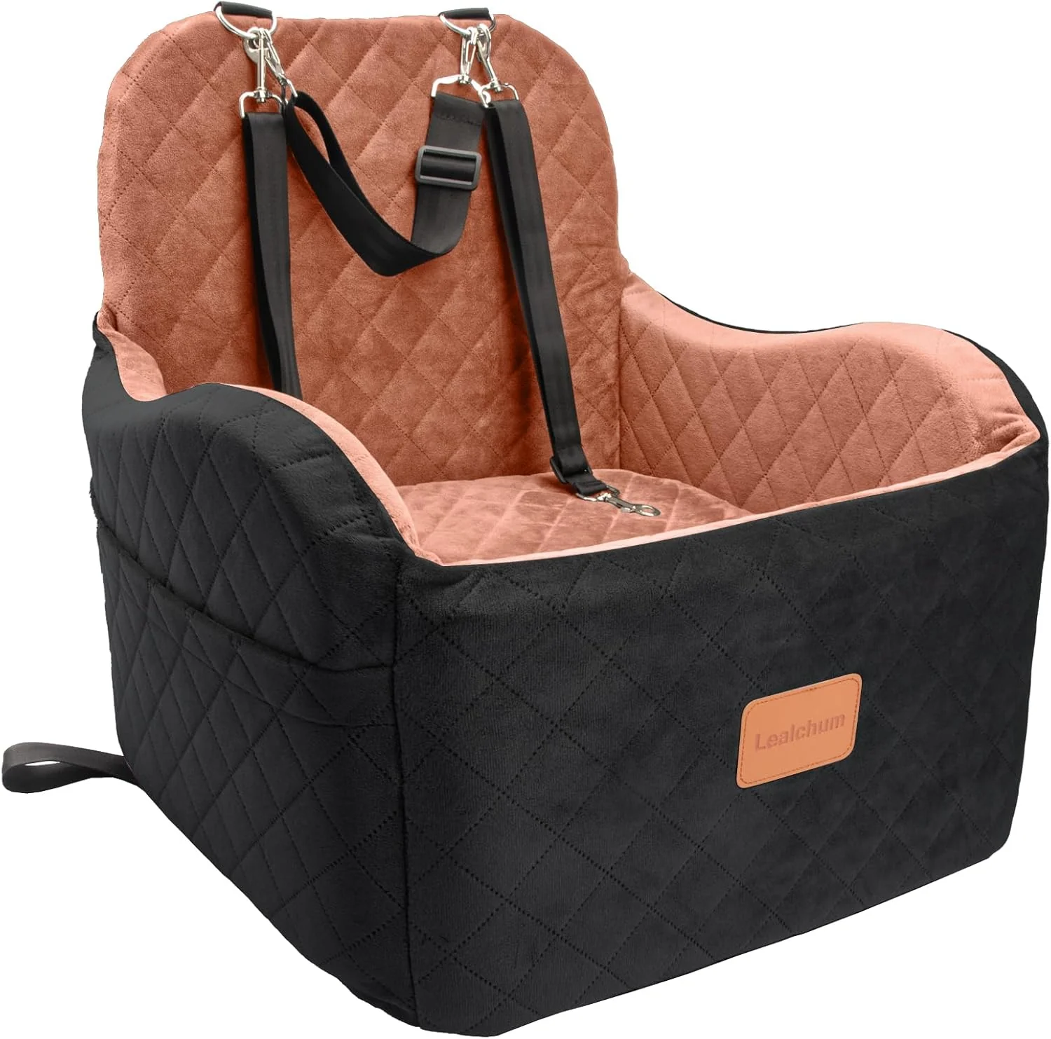 Traditional Dog Booster Car Seat for S M Dogs Up to 35lbs Soft 6in d Cushion Fits in Front Back Seat Fully Detachable and Washable 2 Storage Pockets 3 Straps Easy to Install Black Brown Medium Original Design
