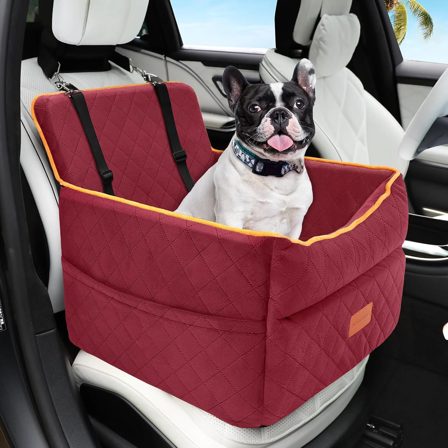 Soft Dog Car Seat for Small Medium Dogs Memory Foam Puppy Dog Booster Seat with Thick Cushion for Dogs Under 35lbs Detachable Washable Pet Car Seat Travel Bed with Storage Pockets 2 Safety Belts