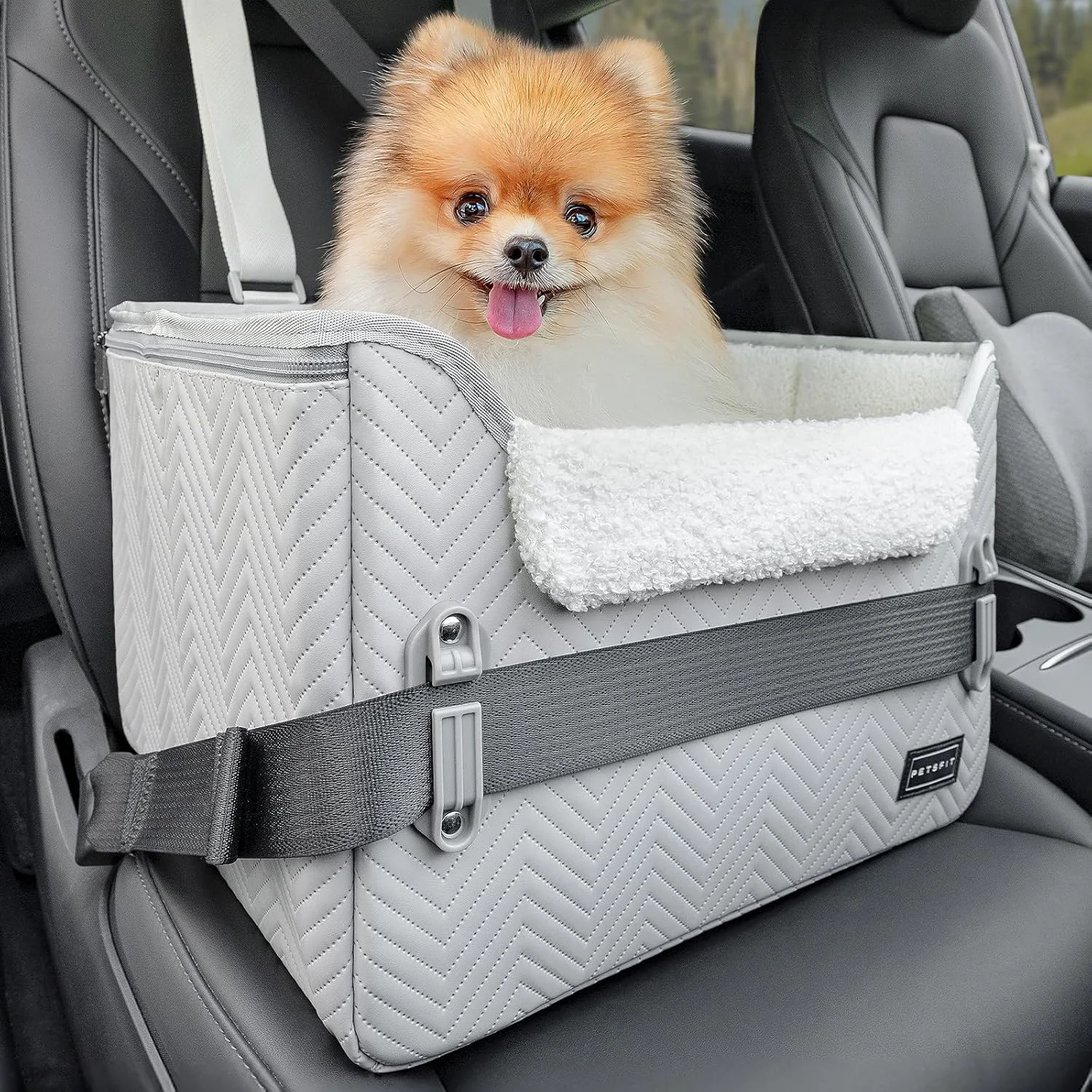 Secure PETSFIT Dog Booster Car Seat Waterproof PU Leather Dog Car Seats for Small Dogs with Patent Safe Buckles Clip-On Leash Pet Car Seat for Small Pets Up to 25lbs Cool Grey High-Quality