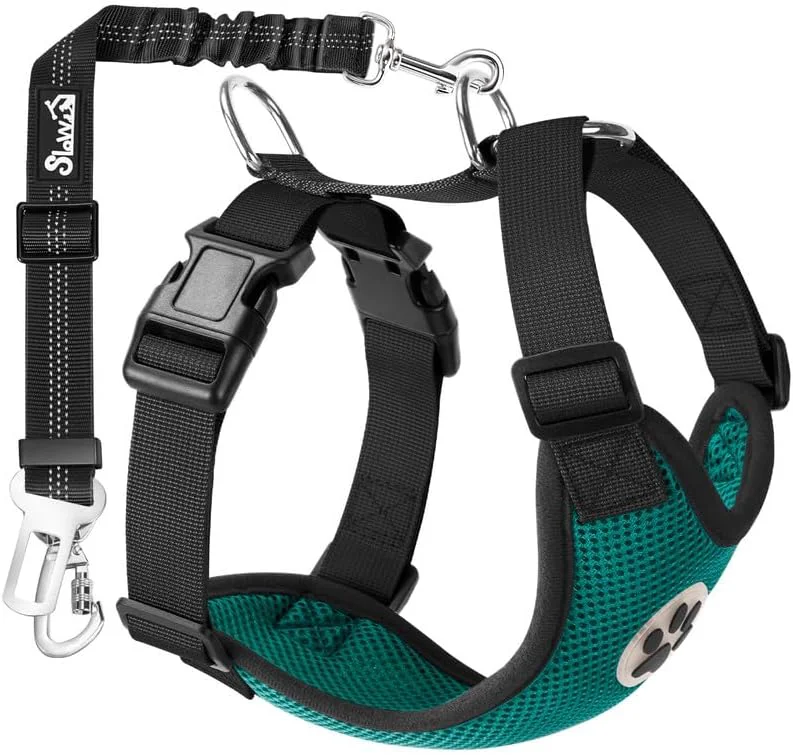 Next-Generation SlowTon Dog Seat Belt Harness for Car Dog Car Harness Adjustable Mesh Breathable Dog Seatbelt Safety Tether with Elastic Bungee for Small Medium Large Pets Green Double Clip M Relaxed