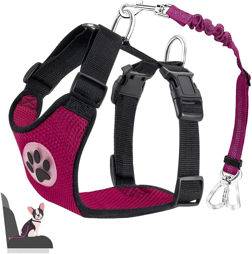 Versatile Lukovee Dog Seat Belt for Car Adjustable Dog Car Harness for Large Medium Small Dogs Soft Padded Breathable Mesh Dog Seatbelt with Car Strap and Carabiner Rose Double Clip XX-Small Relaxed