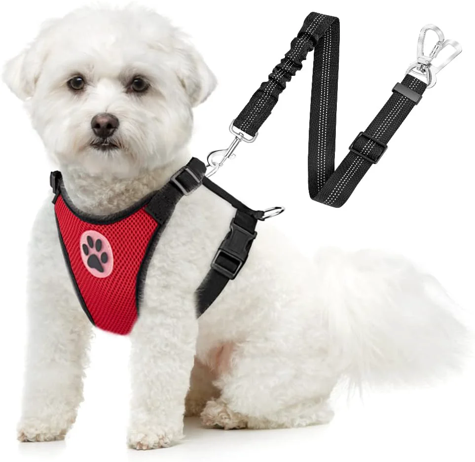Premium SlowTon Dog Seat Belt Harness for Car Dog Car Harness Adjustable Mesh Breathable Dog Seatbelt Safety Tether with Elastic Bungee for Small Medium Large Pets Red Double Clip XXS Outstanding