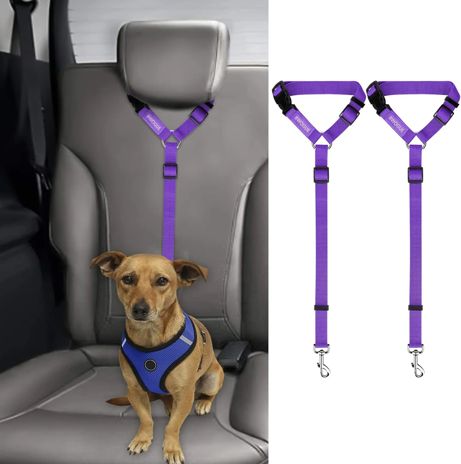 Stylish BWOGUE 2 Packs Dog Cat Safety Seat Belt Strap Car Headrest Restraint Adjustable Nylon Fabric Dog Restraints Vehicle Seatbelts Harness Purple Fine Crafted
