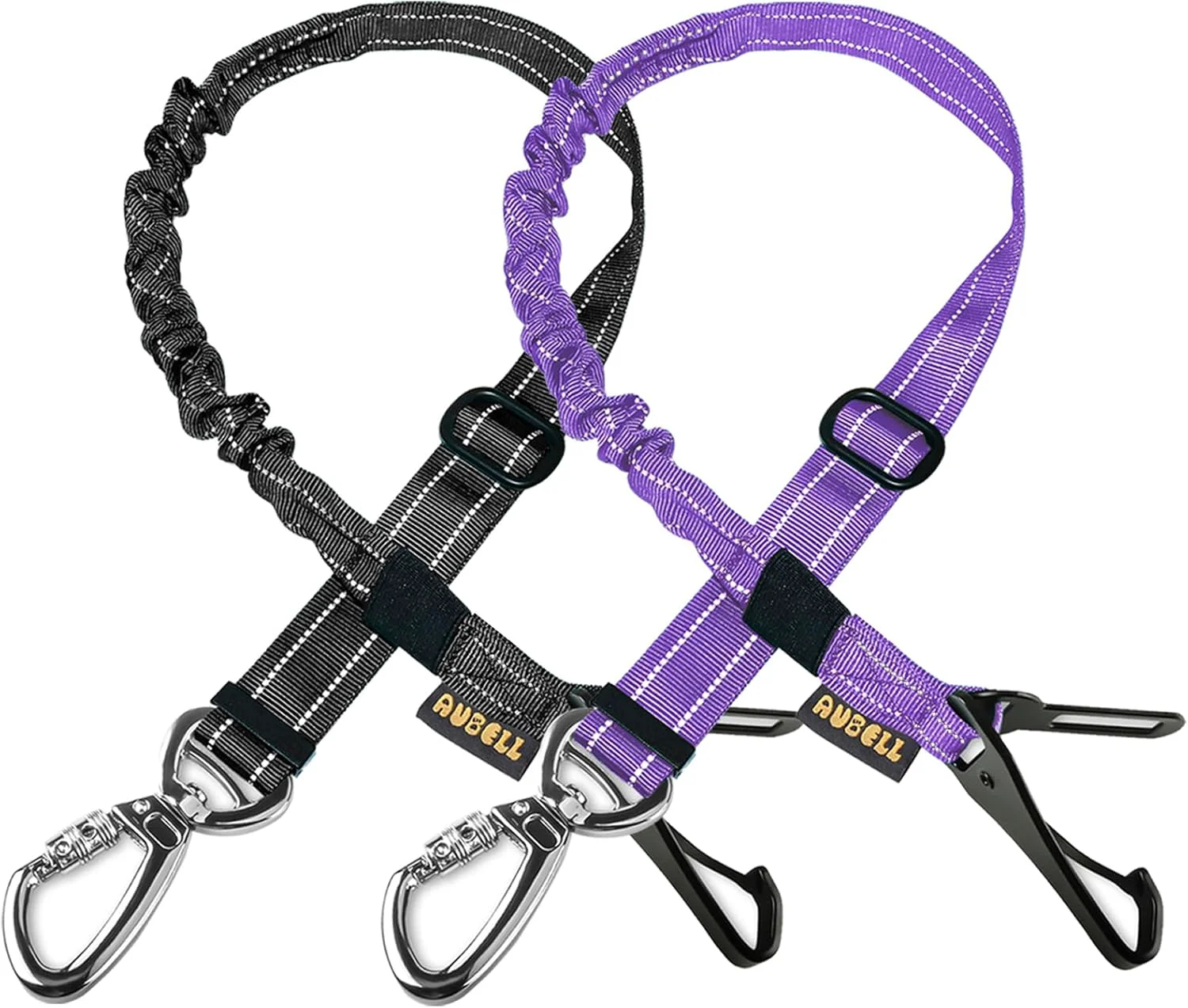 Minimalist AUBELL Dog Seat Belt for Car 2 Pack Set 3-in-1 Adjustable Reflective Bungee Heavy Duty Dog Car Harness Tether with Clip Hook Latch Buckle Swivel Zinc Alloy Carabiner Black Purple Contemporary