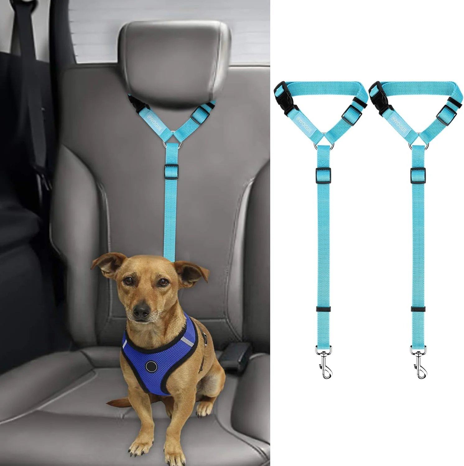 Effective BWOGUE 2 Packs Dog Cat Safety Seat Belt Strap Car Headrest Restraint Adjustable Nylon Fabric Dog Restraints Vehicle Seatbelts Harness Fast