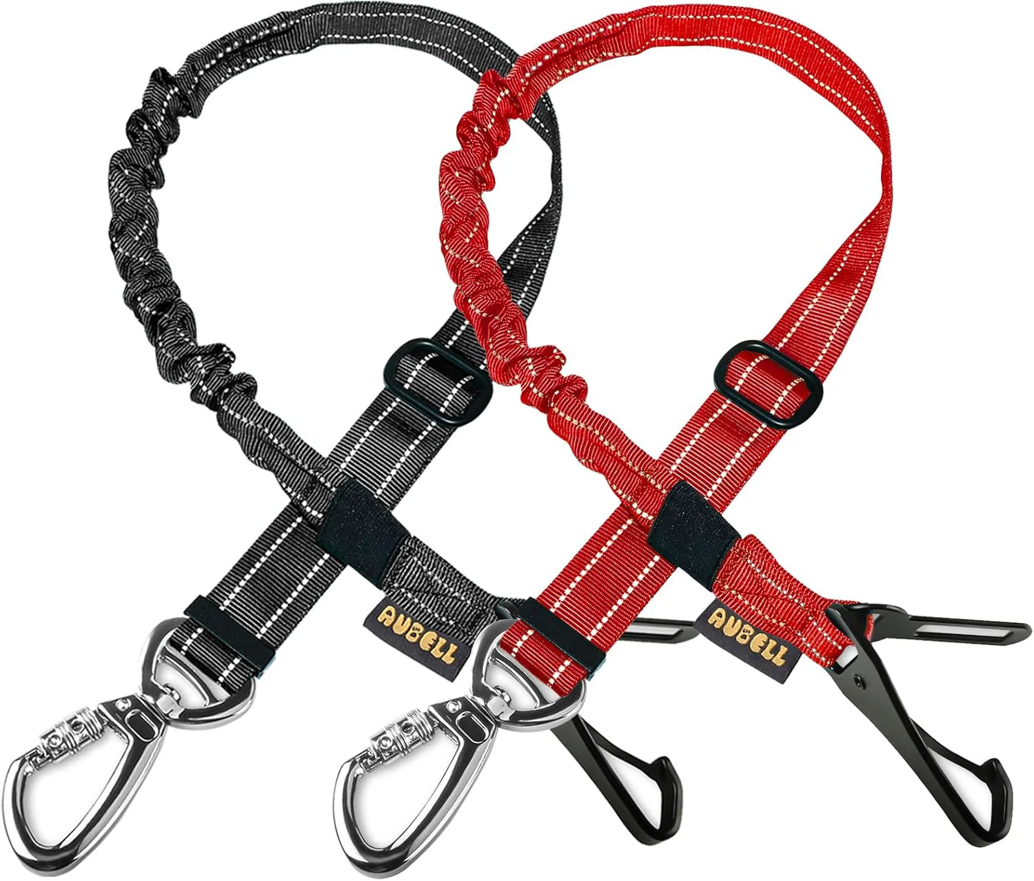 Durable AUBELL Dog Seat Belt for Car 2 Pack Set 3-in-1 Adjustable Reflective Bungee Heavy Duty Dog Car Harness Tether with Clip Hook Latch Buckle Swivel Zinc Alloy Carabiner Black Red Consistent