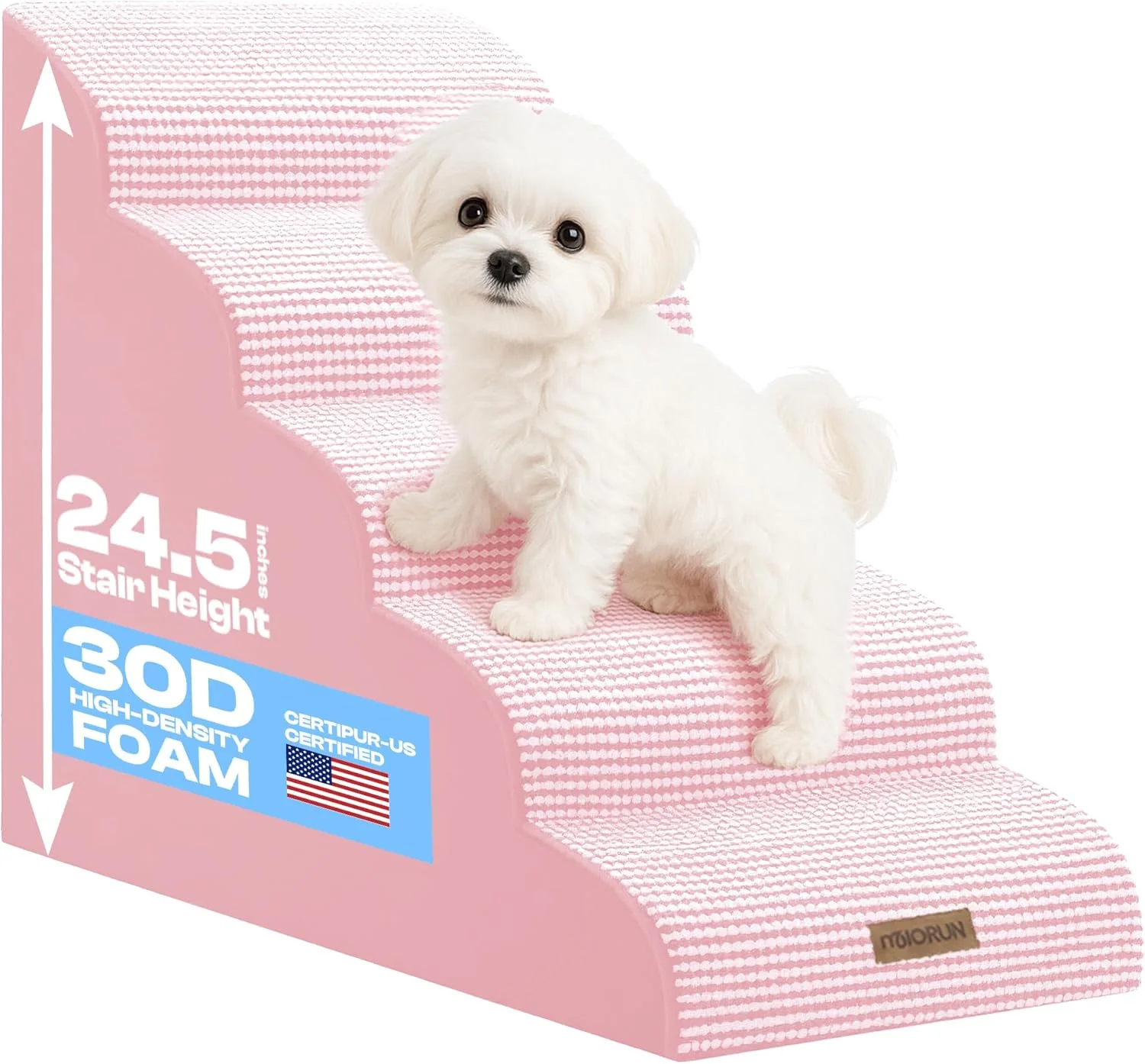 Enhanced Curved Dog Stairs for High Bed Up to 26 5-Step Dog Ramp for Small Dogs with Washable Cover Non-Slip Steps for Cats to Get on Couch and Sofa Durable Foam Ladder for Medium Breeds White Pink Soft