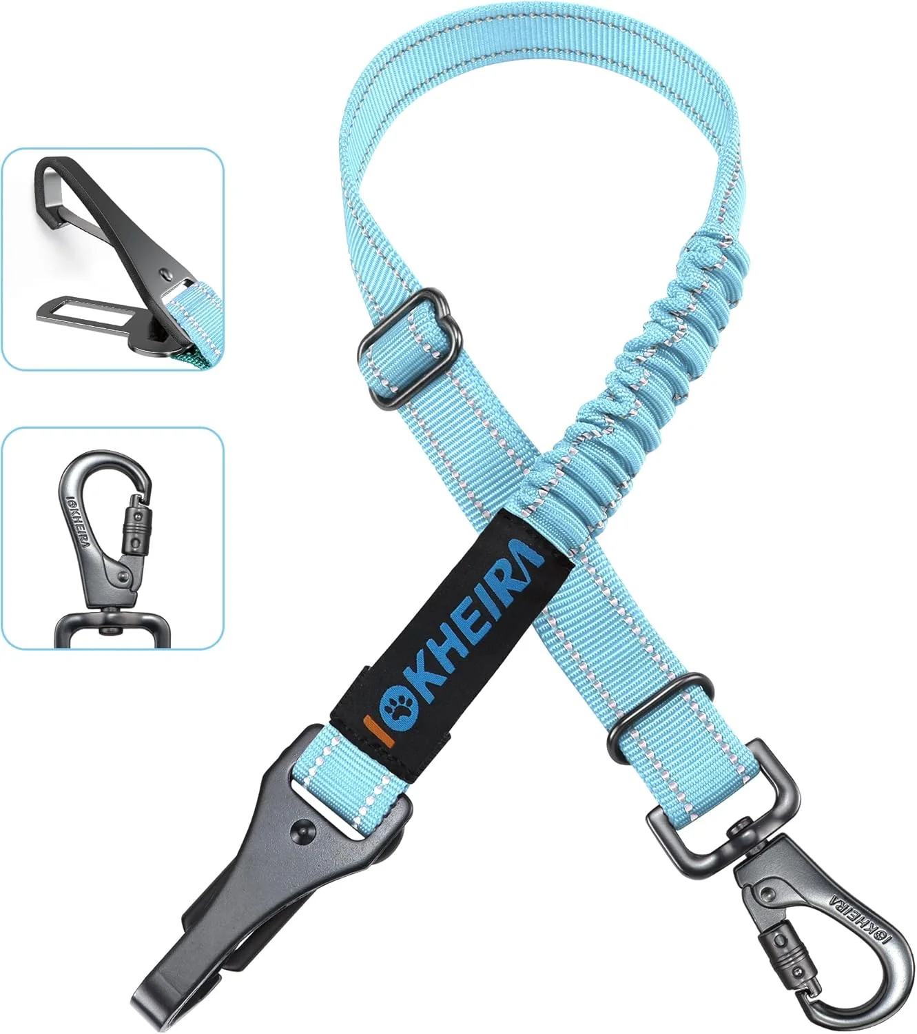 Recyclable Dog Seat Belt 3-in-1 Car Harness for Dogs Adjustable Safety Seatbelt for Car Nylon Reflective Bungee Fabric Dog Car Harness with Clip Hook Latch Buckle Swivel Zinc Alloy Carabiner Light Blue Practical