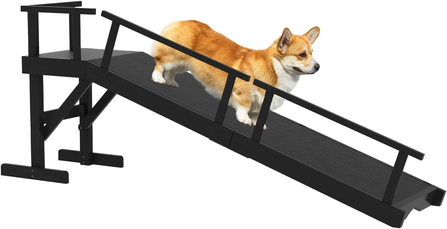 Unique 61 Dog Ramp for Bed Pet Ramp with Removable Side Rail and Non-Slip Surface Pet Ramp for Small Large Senior Dogs with Rest Platform and DIY Glow Strips Dog Stairs for Couch Black Expertly Made