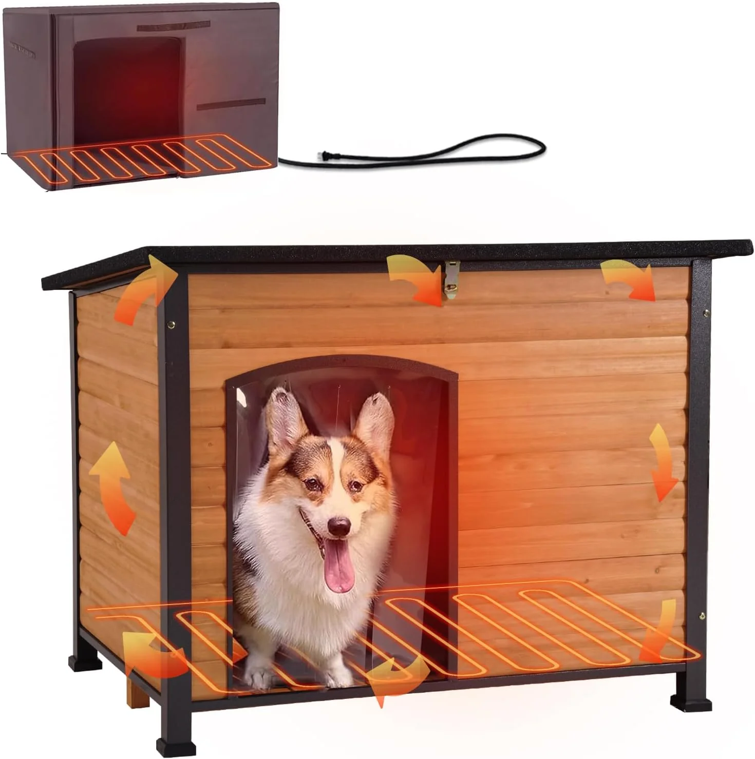 Detailed GUTINNEEN Heated Dog House Outdoor 35.5 Large Dog Kennel with Metal Frame Insulated Dog Crate Cage for Large Dogs Outside with Heater and Insulated Liner Brown Refined