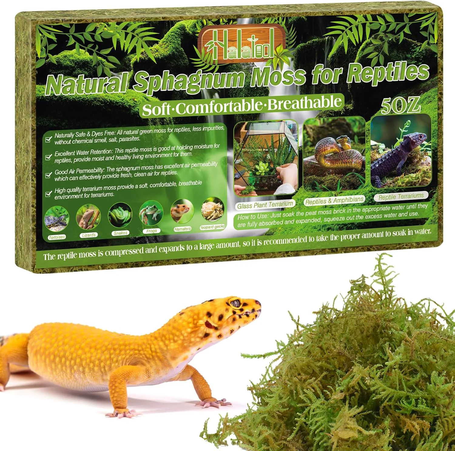 Minimalist Halatool 5OZ Natural Sphagnum Moss for Reptiles- 8QT Green Live Moss for Terrarium Plants Long Fiber Reptile Moss for Leopard Gecko Snake Hamsters Tortoises Frogs Lizards Salamanders Solid