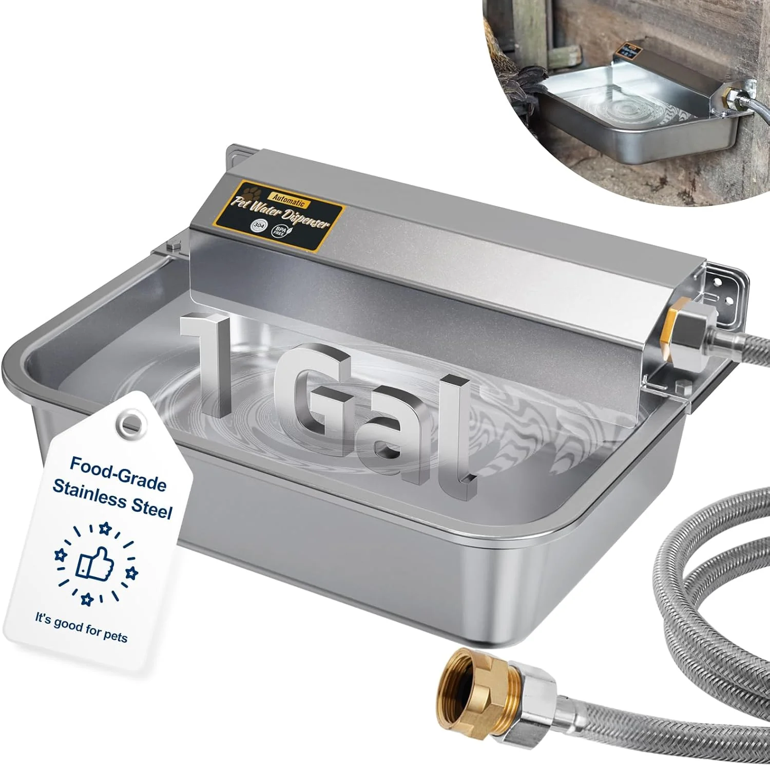 Easy-to-Use 1Gal 3.8L Automatic Water Dispenser for Dogs Patented Automatic Dog Waterer Bowl for Outdoor Stainless Steel Water Bowl Dispenser for Livestock Chicken Dog Feeder Fit 3 4'' GHT Faucet Authentic