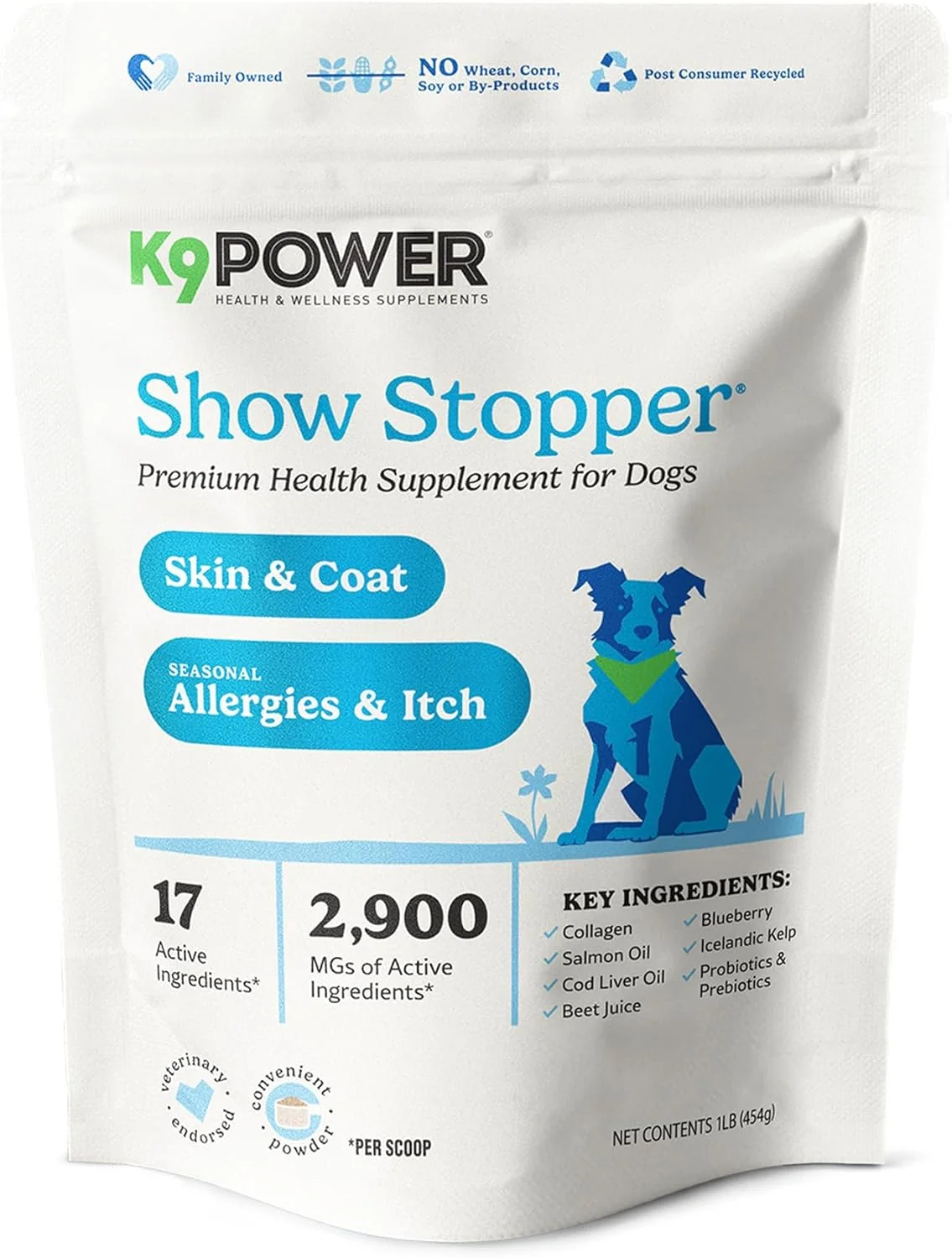 Verified K9 Power Show Stopper for Dogs 1lb – Boosts Coat Shine Promotes Healthy Skin Tone - Strengthens Immune System - Enhances Digestive Health Minimalist