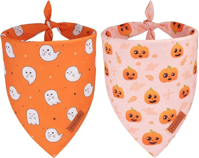 Durable PTDECOR Halloween Dog Bandana Cute Ghost Pumpkin Design Reversible Holiday Pet Secure