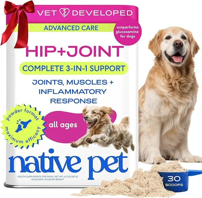 Proven Native Pet Advanced Care - Hip Joint Supplement for Dogs - Supports Joints Cartilage Muscles Anti-Inflammatory with HMB UC-II Collagen Green Lipped Mussel Hyaluronic Acid - 30 ScoopsAbout This Refined