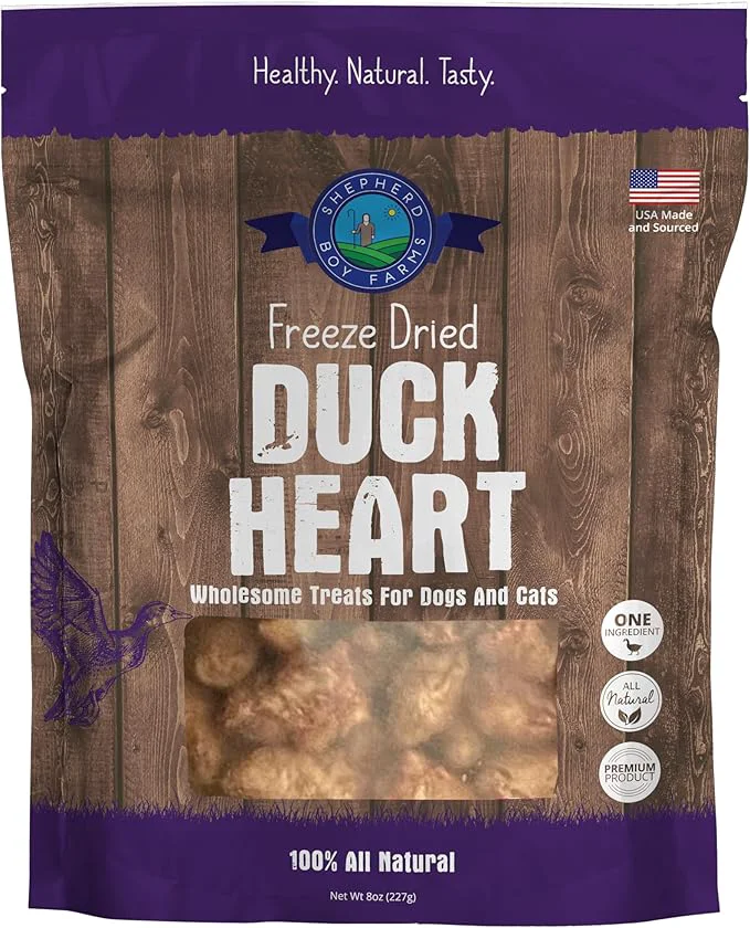 Authentic Shepherd Boy Farms ze Dried Dog and Cat Treats Duck Heart All Natural Single Ingredient ze-Dried Dog Treat Snacks Made in USA High Protein Essential Nutrition of Raw Food 8ozAbout This Responsible