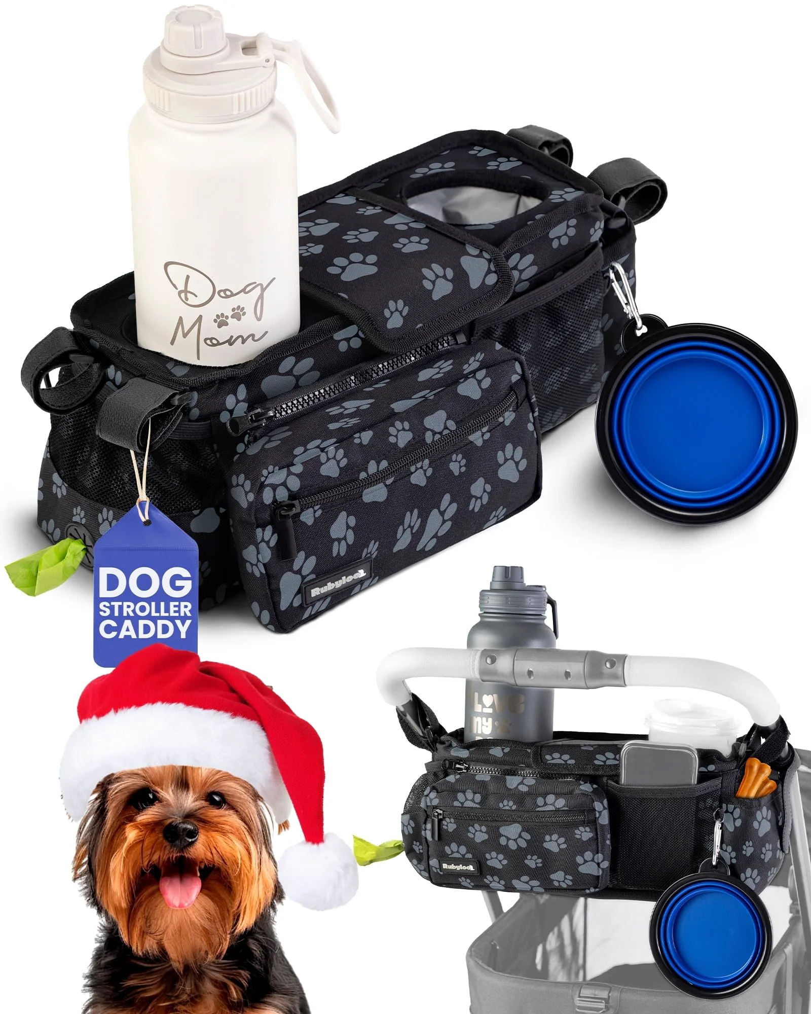 Fast Rubyloo Dog Stroller Caddy Organizer – Non-Slip Insulated Cup Holders Poop Bag Dispenser Elite