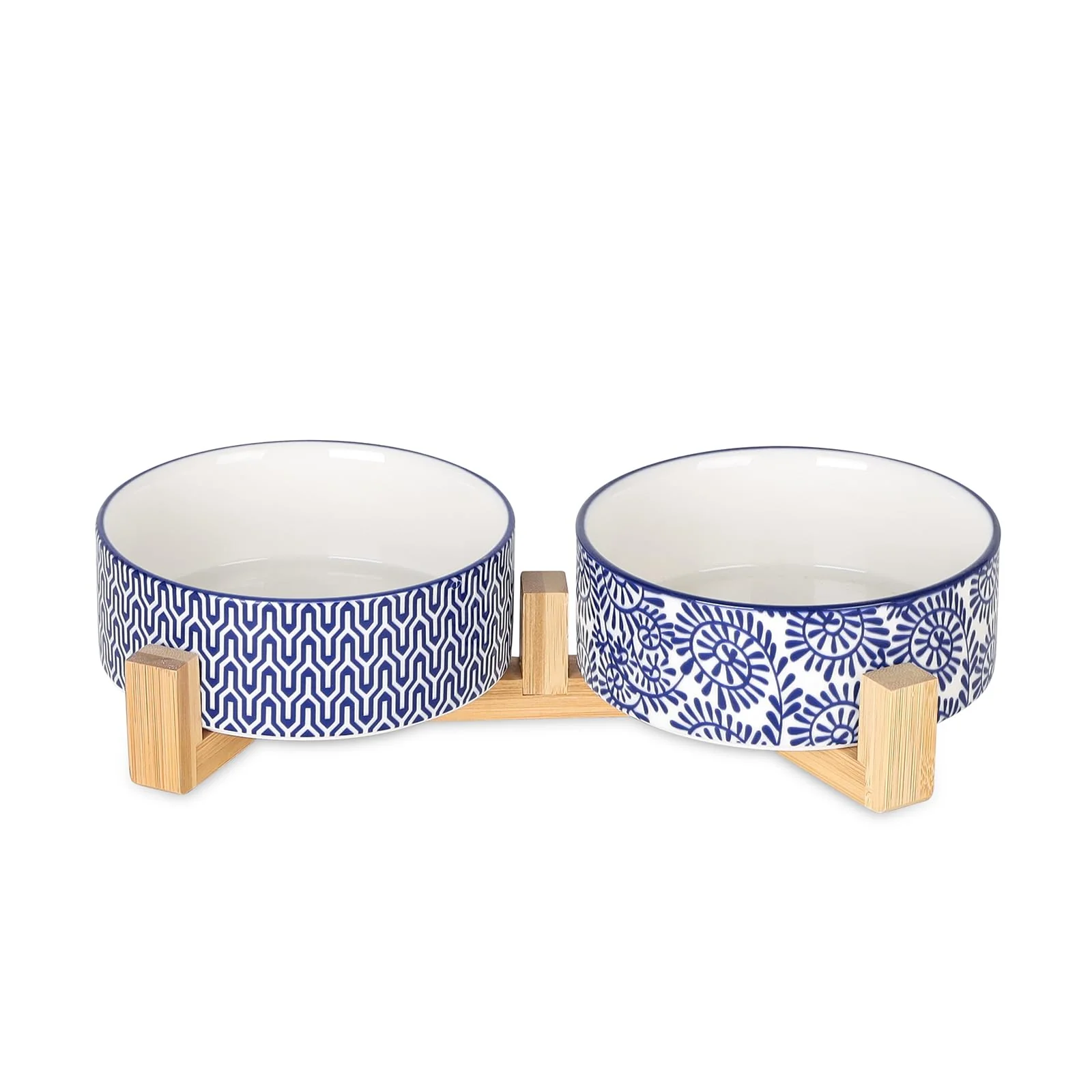 Certified Selamica Ceramic 14 oz Dog Bowls with Wooden Stand – Anti-Slip Double Bowls for Small Dogs Cats Vintage Blue Crafted