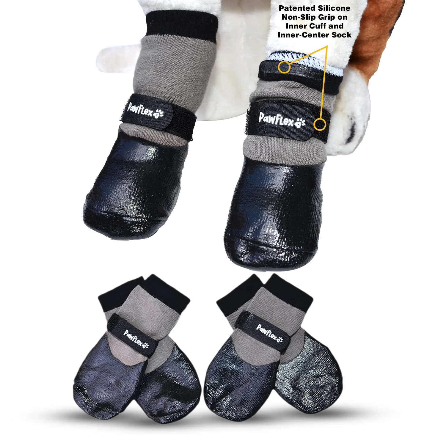 Certified PawFlex Double Dipped Waterproof Dog Socks Booties – Non-Slip Inner Cuff Adjustable Strap for Indoor Outdoor Traction Responsible