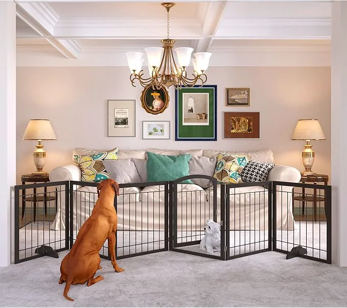 Smart JSB 144-inch Extra Wide 30-inch Tall Dog gate with Door Walk Through standing Pet Gate for Halls Stairs Home Pet Puppy Safety Dog Fence with 2PCS Support Feet Black About ThisOverview Fashionable
