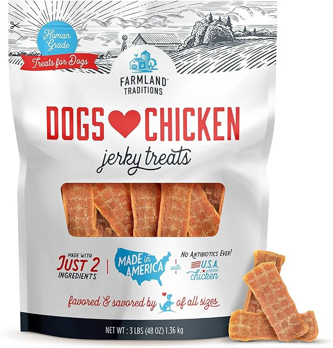 Reusable Farmland Traditions Dogs Love Chicken Jerky Dog Treats Premium Two-Ingredient Dog Jerky with USA-Raised Human-Grade Chicken No Antibiotics Ever 3 Pound Pack of 1 Bag.About This Prestigious