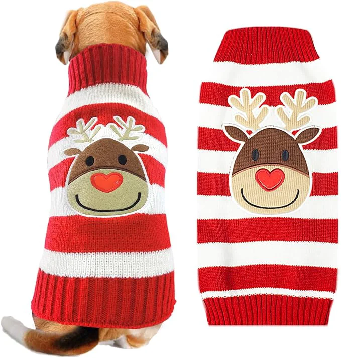 Fine Dog Christmas Sweater Cute Striped Reindeer Xmas Pet Clothes Holiday Puppy Cat Certified