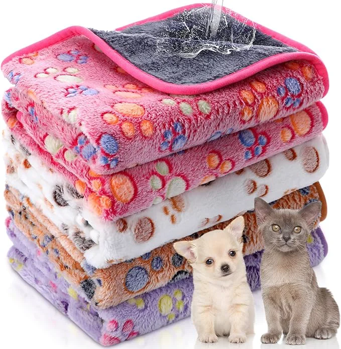 Soft Panelee 4 Pcs Waterproof Dog Blankets Washable Puppy Paw Print Fleece Blanket Practical