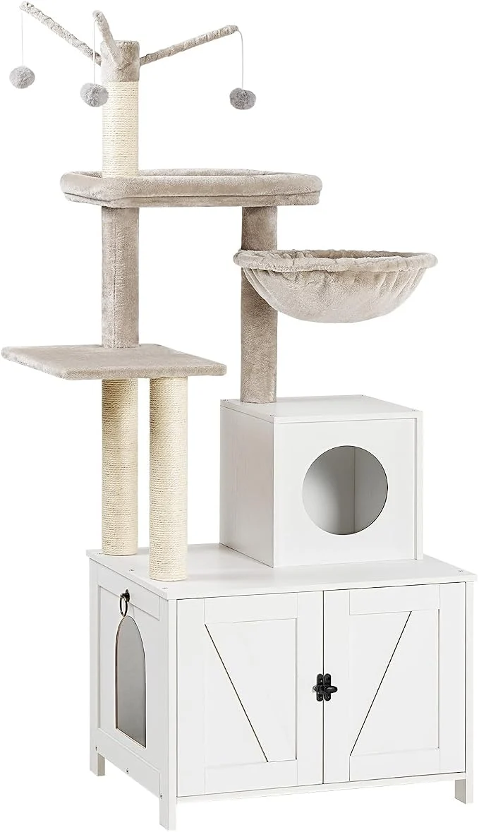 Excellent HOOBRO Cat Tree Tower with Litter Box Enclosure Pure