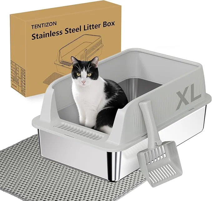 Premium Material TENTIZON Large Stainless Steel Cat Litter Box Open Top Metal Kitty Litter Tray Easy-to-Use