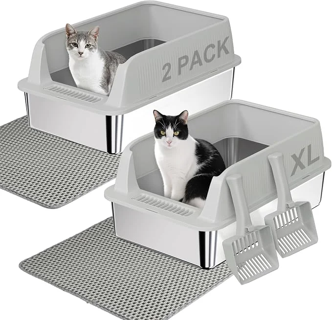 Specialty TENTIZON 2 Pack Large Stainless Steel Cat Litter Boxes Open Top Metal Kitty Stylish