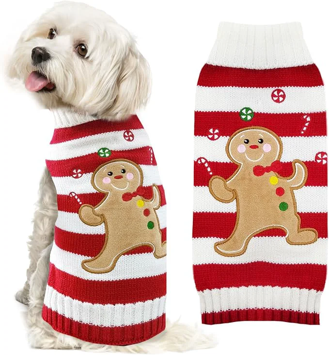 Modern Dog Christmas Sweater Xmas Pet Clothes Cute Striped Gingerbread Man Costume Clean