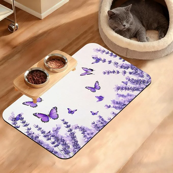 Comfortable Pet Feeding Mat Lavender Butterfly Absorbent Dog Cat Food Mat Purple Dog Mat Trusted