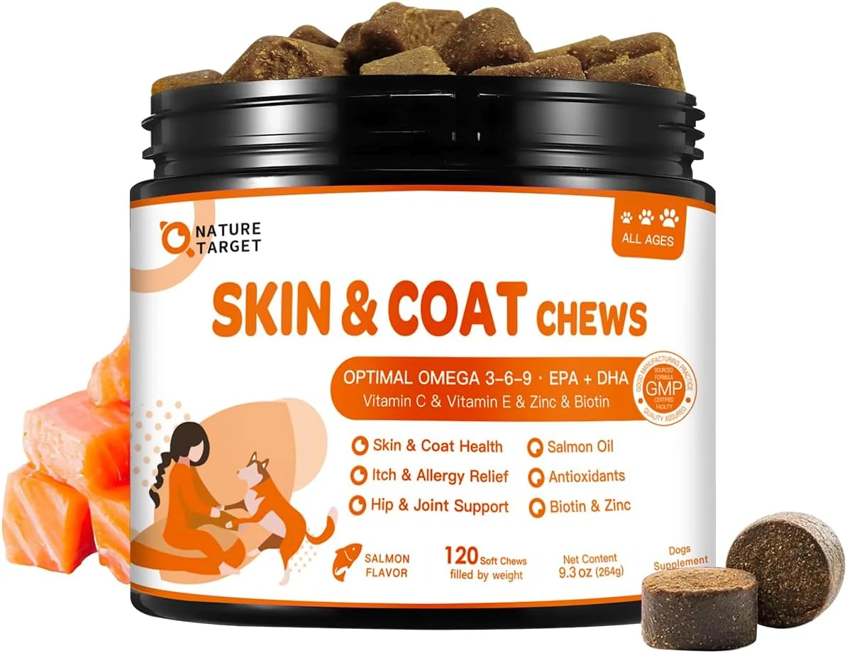 Flexible NATURE TARGET Omega 3 Fish Oil for Dogs Salmon Oil Skin and Coat Supplement for Dogs Itchy Skin Relief with Omega 3-6-9 EPA DHA Zinc Biotin and Vitamin E C - 120 Salmon Flavored Soft Chews Next-Generation