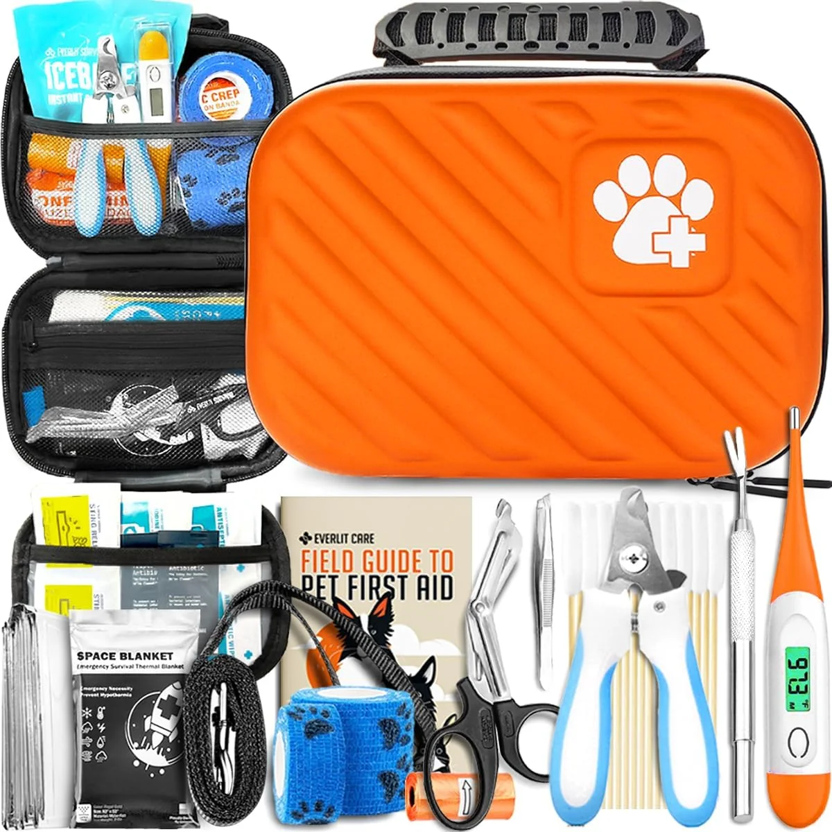 Elite EVERLIT Pet Medic First Aid Kit 95 Pcs Vet- Medical Outdoor Emergency Supplies for Dogs Cats Animal Care Travel-Friendly Compact Bag for Home Car and Travel Guardian Orange Soft
