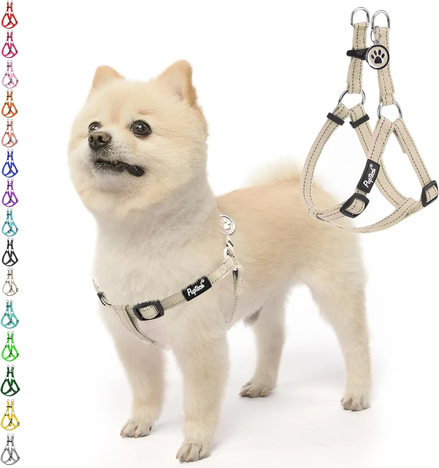 Breathable PUPTECK No Pull Dog Harness Soft Adjustable Basic Nylon Step in Puppy Vest Outdoor Walking with ID Tag Reflecive Beige S Verified