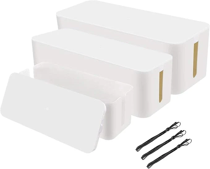 Reusable Set of 3 3 Cable Management Boxes 3 Wire Ties Large Cord Box Organizers to Hold and Hide Power Strip Charger Adapter Power Cord Charging Station USB HUB White About ThisOverview Advanced