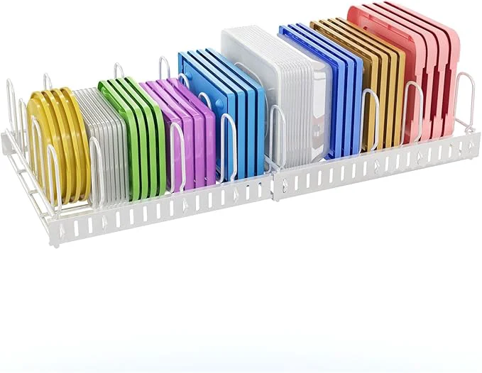 Safe X-cosrack Expandable Food Container Lid Organizer Large Capacity Adjustable 10 Dividers Detachable Lid Organizer Rack for Cabinets Cupboards Pantry Shelves Drawers to Keep Kitchen Tidy WhiteAbout ThisOverview Fashionable