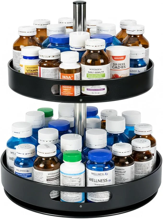 Long-Lasting Pill Bottle Organizer 2 Tier Lazy Susan Organizer 360 Degrees Rotating Spice Rack Organizers for Cabinet Turntable Organization and Storage for Medicine Cabinet Bottle Pantry Countertop BlackAbout ThisOverview Clean