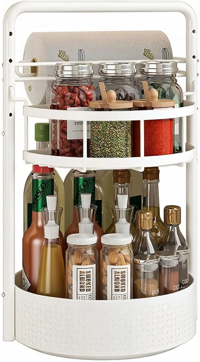 Fast JEESA Rotating Spice Rack with Paper Towel Holder 2 Tier Lazy Susan for Spices Sturdy Iron Seasoning Organizer for Kitchen Countertop WhiteAbout ThisOverview Convenient